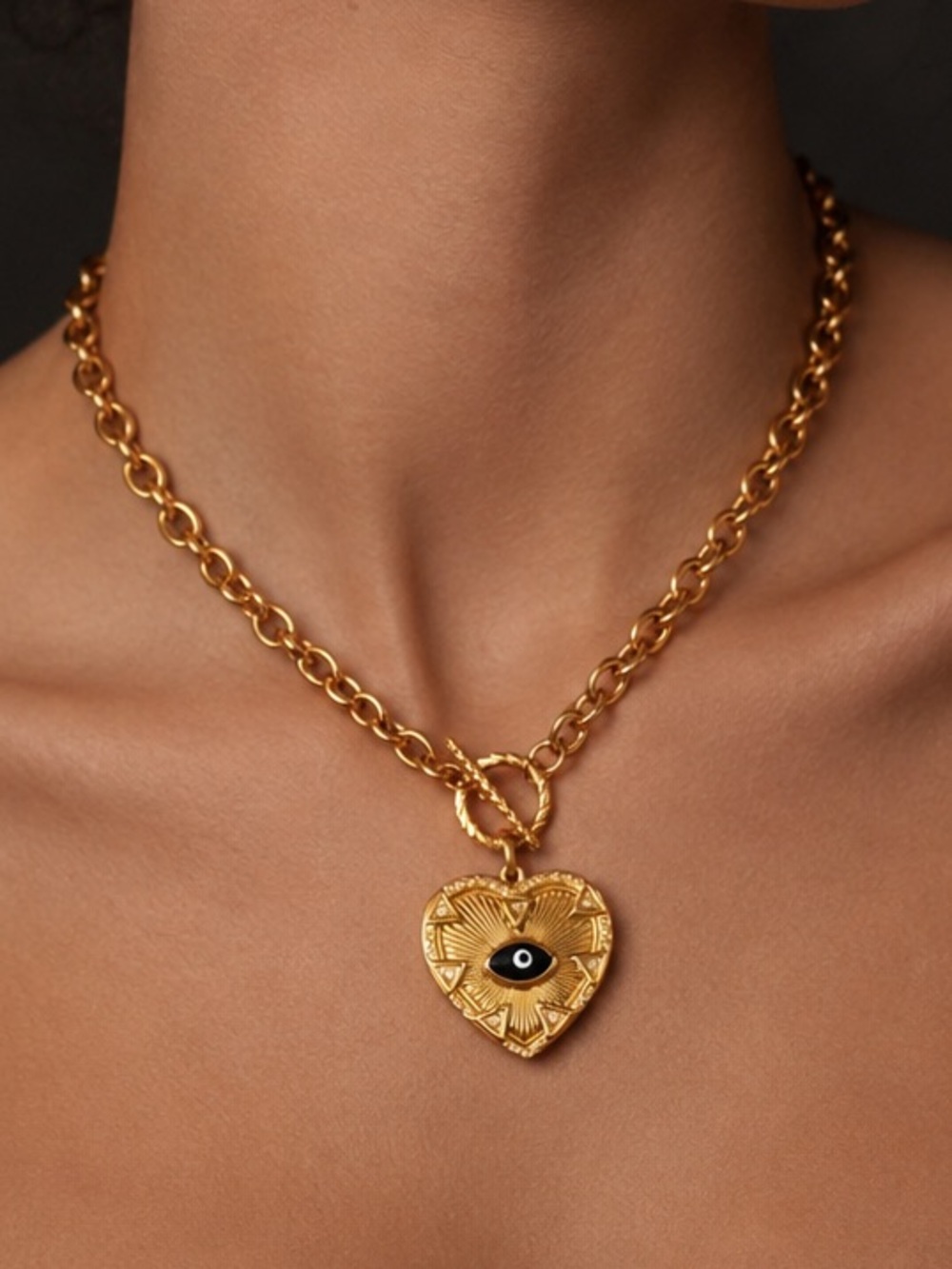 Gold Heart Toggle Necklace with Black Eye Pendant